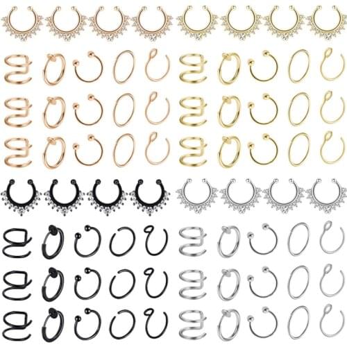 Stainless Steel Crystal Fake Nose Piercing Septum Ring Set Non Piercing Labret Lip Ring Lot Faux Nose Ring Hoop Set Helix Earing