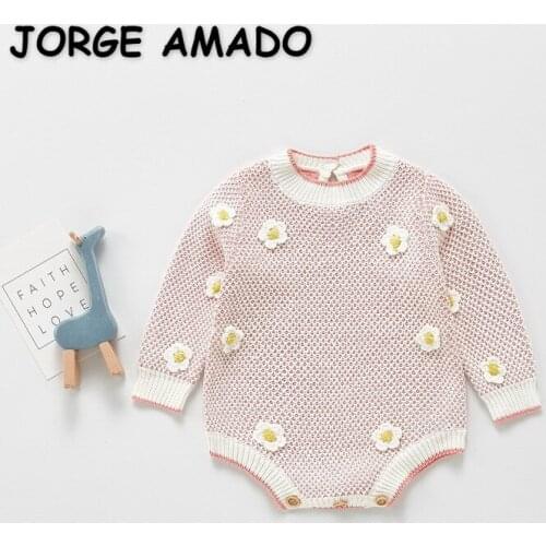 2021 New Spring Baby Girl Bodysuit Crochet Flowers Sweater Jumpsuit Fashion Outwear Newborn Clothes E14