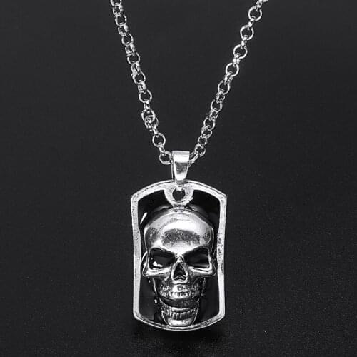 Gothic Punk Men Skull Head Necklace Silver Colour Long Chain Retro Skeleton Pendant Necklace Hip Hop Jewelry Accessories