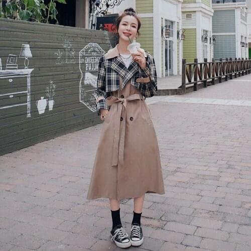 Trench Coat Female Contrasting Color Stitching Plaid Long British Spring Autumn Jacket Korean Loose Casual Womens Windbreaker