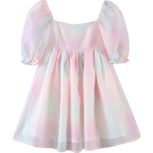 YENKYE Sweet Women Multicolor Tie Dye Princess Party Dresses Sexy Square Neck Puff Sleeve Organza Dress Summer Short Vestido
