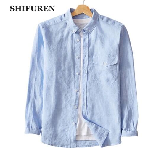 SHIFUREN Men Pure Linen Shirts Turn-down Collar Causal Male Dress Shirts Solid Color Soft Breathable Long Sleeve Tops