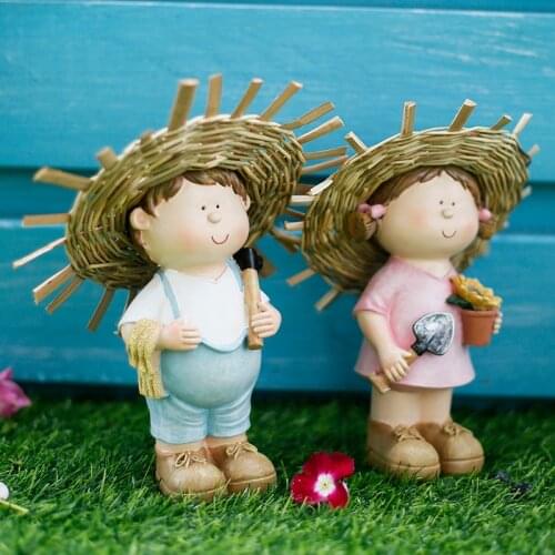 Pastoral Straw Hat Children Characters Resin Sculpture Outdoor Garden Furnishings Decoration Balcony Courtyard Ornaments Crafts