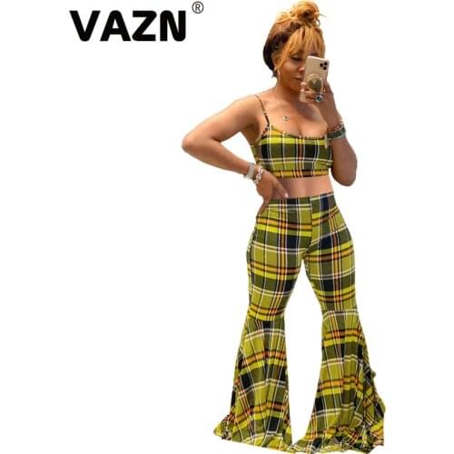 VAZN 2020 Classic Plaid Sexy Beach Holiday Retro Young Hollow Out Bikini Top Long Flare Pants Joker Slim Women 2 Piece Set
