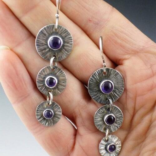 Vintage Silver Color Treble Disk Pendant Drop Earrings Cute Purple Stone Dangle Earrings for Women Punk Party Jewelry H4M922