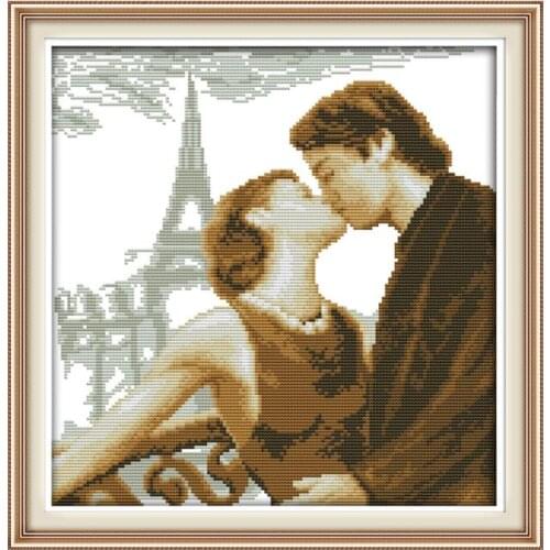 Cross stitch embroidery small couple handmade painting 11CT printing embroidered cloth Paris love romantic kiss figure