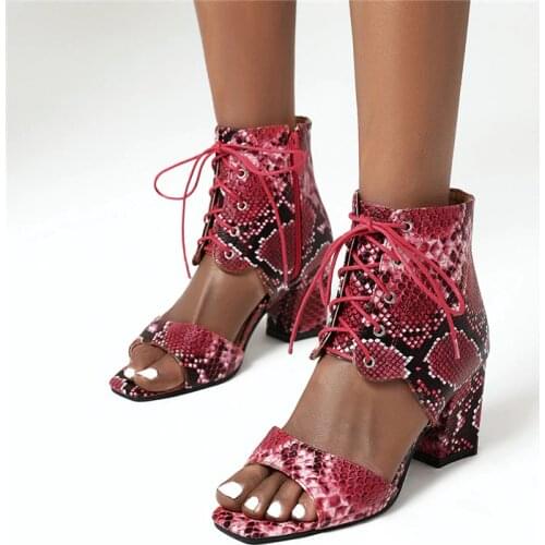 YQBTDL Rome 2020 Snake Print High Heel Sandals Woman Shoes Red Blue Cross Tied Gladiator Sandals Women Boots Summer Block Heels