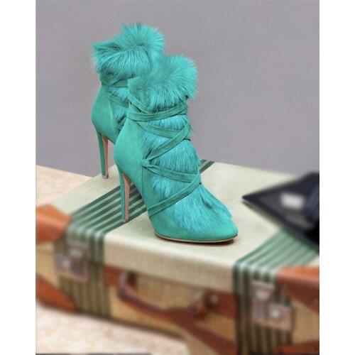 Winter Hot Green Faux Fur Women Fashion Ankle Boots Suede Leatehr Straps Ladies High Heel Boots 2018 Sexy Stiletto Boots Size 42