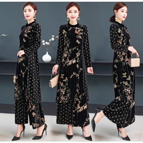 Women 2 piece set outfits for Womens Sets Pants suit women elegant Gold velvet top and pants wide leg pants two piece set