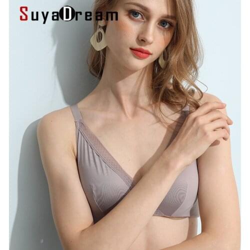 SuyaDream Women Lace Bras Wireless Seamless Bra Push up 100%Natural silk Lining Silver Underwear Free shipping