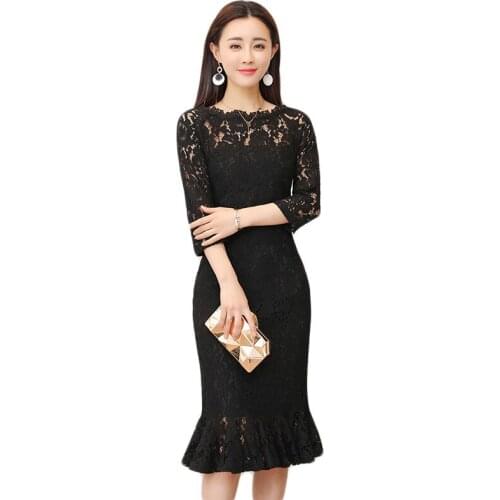 Autumn Winter Dress Women New Fashion Ruffle Fishtail Lace Dress Elegant Slim Large Size Blue White Black Midi Party Dresses 905