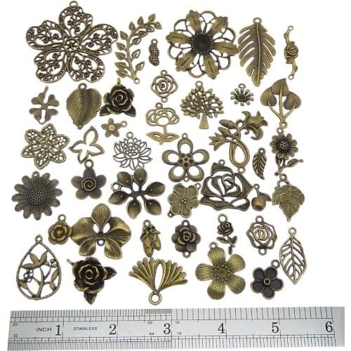 30PCS Randomly Sending Antique Bronze Mixed Style Leafs Rose Flower Plant Charms Alloy Handmade Jewelry Making Accessory Pendant