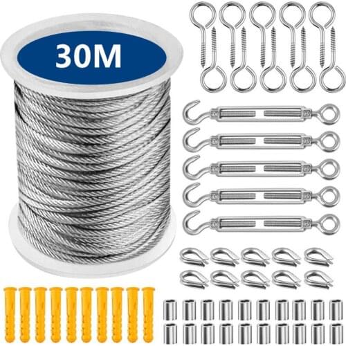 56Pcs/Set 30M Wire Rope Cable Hooks Hanging Kit Flexible PVC Coated Stainless Steel Clothesline