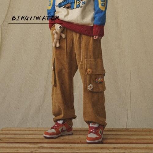Japanese Streetwear Corduroy Pants Women Vintage Brown Cargo Pants Women Pockets Oversized Korean Style Wide Leg Trousers