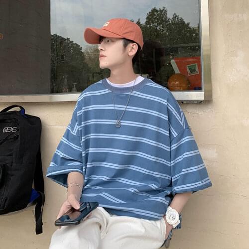 Summer Cotton T-shirt Mens Fashion Casual O-neck Striped T Shirt Men Streetwear Korean Loose Short-sleeved Tshirt Mens Tops