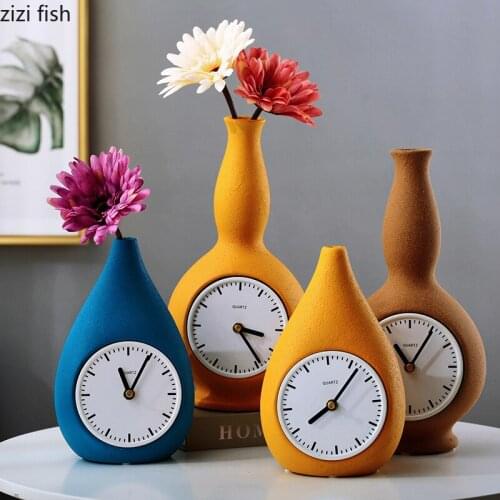 Ceramic Flower Vase Clock Vase Ornaments Dried Flowers Flower Arrangement Decorative Clock Time Tool Vases Decoration Crafts