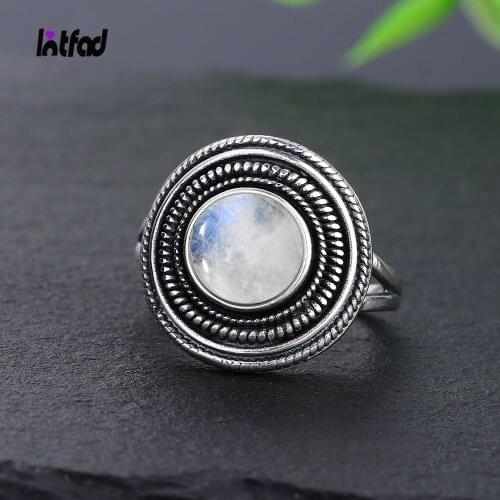 8MM Round Natural Moonstones Rings Womens S925 Sterling Silver Ring Wholesale Vintage Style Fine Jewelri