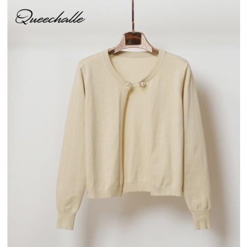 Queechalle Short Knitted Cardigan Coat Women 2021 Spring Autumn Fashion Chain Button Long Sleeve Sweater Coat Female Loose Tops
