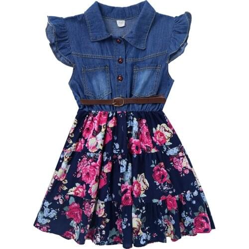 Children Girls Dresses Fashion Casual Party Kids Clothing Lapel Collar Denim Bodice Floral Print Dress Teen Girls Summer Dress