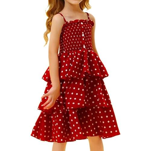 2021 Girls Summer Dress Sleeveless Korea Style Chiffon Polka Dot Princess Dress Sling Elegant Children Cake Dress Kids Clothing