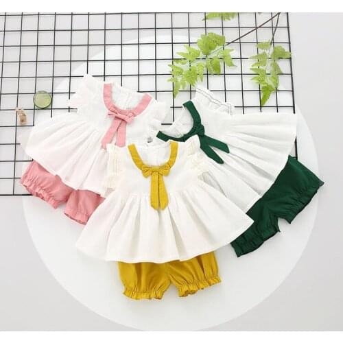 Lovely Baby Girls Clothes Set Fly Sleeve Lace Bow T-shirt dressTops+Shorts Suits Casual Outfits princess Sets