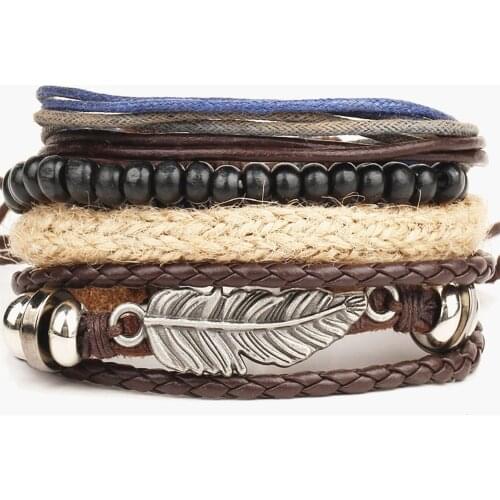 Feather Anchor Leaf Charm Multilayer Bead Vintage Combination Handmade Woven Punk Leather Bracelet Men Jewelry Women Accessories