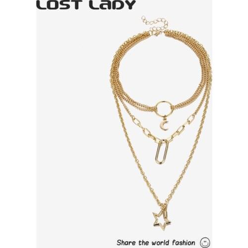 Lost Lady Fashion Multi Layer Hollow Star Pendants Necklaces For Women Gold Metal Chain Chocker Hiphop Jewelry New Design Gift