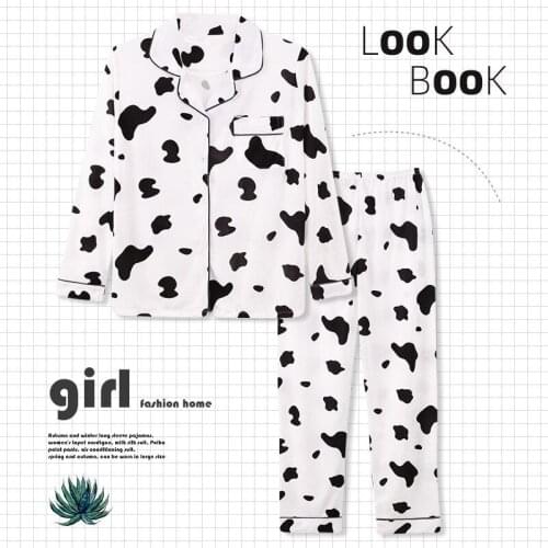 Cute Cow Print Pajamas For Women Autumn Winter Long Sleeve Cardigan Casual Female Homewear Korean Sweet Oversized Girl Sleepwear