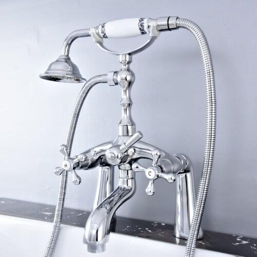 Polished Chrome Deck Mounted Bathroom Tub Faucet Dual Handles Telephone Style Hand Shower Clawfoot Tub Filler atf756