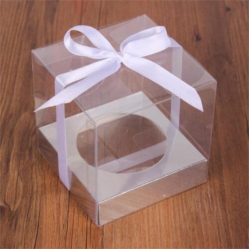 12Pcs Transparent Cupcake Box Clear Cake Box with Ribbon and Cake Bottom Holder Wedding Cupcake Box Babyshow Party Cup Cake Box