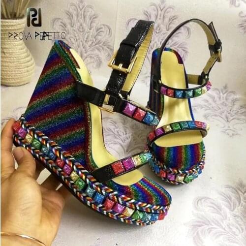 Sexy rivet wedge sandals summer leather mixed color fashion show platform personality super high heel sandals women