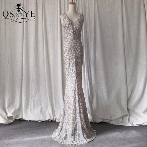 Silver Shiny Mermaid Long Prom Dresses V neck Sequin Evening Dress Fitted Glitter Sleeveless Party Dress Women Formal Long Gown