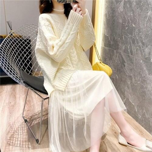 Spring And Autumn New Mid Long Chiffon Patchwork Dress Pullover Round Collar Loose Knit Wool Dress