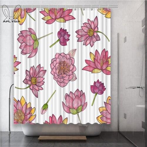 Lotus Lotus leaf Blue Fresh Green Polyester Fabric Shower Curtain for Bathroom with Plastic Hooks