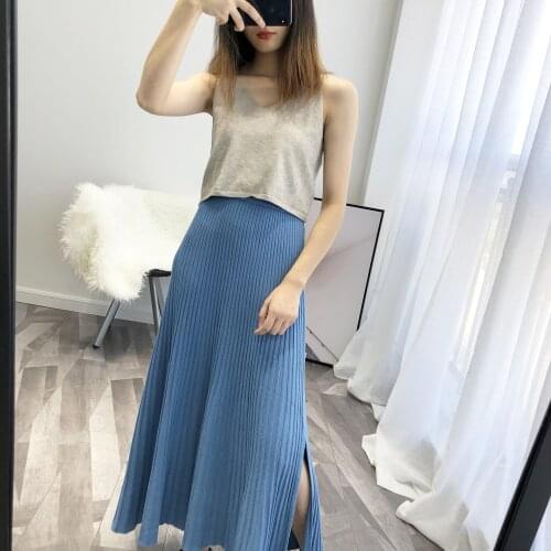 Casual Long Skirt Pleated Long Skirt Pure Color Women a Line Skirt Faldas Jupe Femme Saia New Women High Waist Knitted