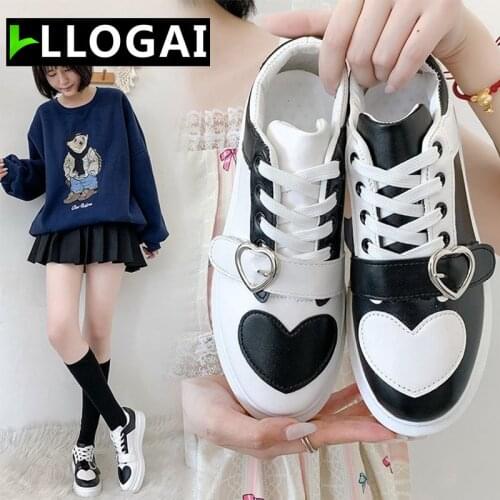 Love Sneakers Women Platform Vulcanized Shoes Ladies Students Lace Up Leather Shoe Female Mixed Color Leisure Lovely Footwear
