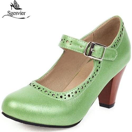 Sgesvier 2020 big size 34-48 pumps women shoes buckle round toe spring summer single shoe simple high heel Mary Jane Shoes woman