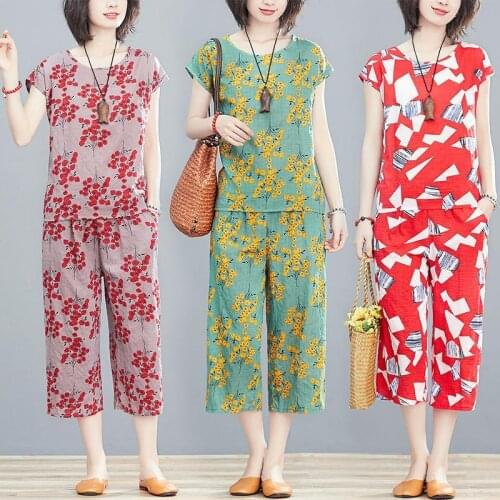 Women Soft Cotton Linen Print Floral Vintage Loose Tops + Calf-Length Pants Two Pieces Set Middle-aged Womens Casual Suits L427