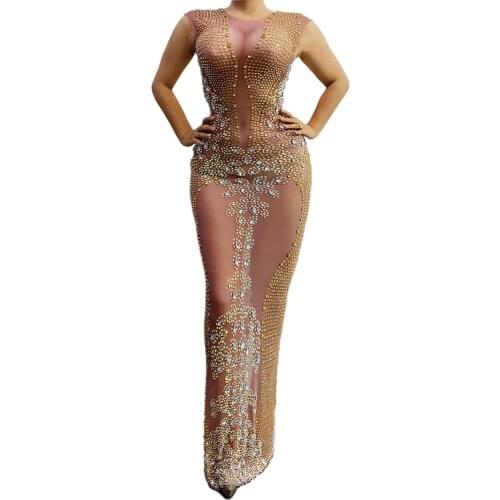 Shining Embellished Diamonds Beaded Floor-Length Dress Mesh Transparent Sleeveless Tight Stretch Women Dresses Nightclub Outfit