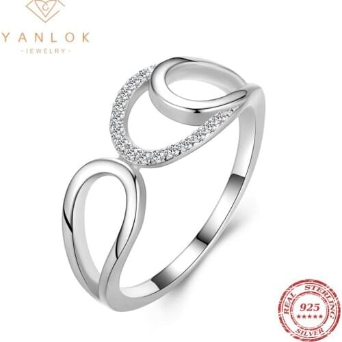 YANLOK 925 Sterling Silver Geometric Simple Line Cubic Zirconia Finger Rings For Women Wedding Engagement Statement Jewelry