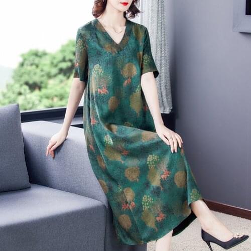 2021 Vintage 4XL Plus Size Loose Midi Dress Summer Green Print Mulberry Silk Satin Dress Women Elegant Bodycon Party Vestidos