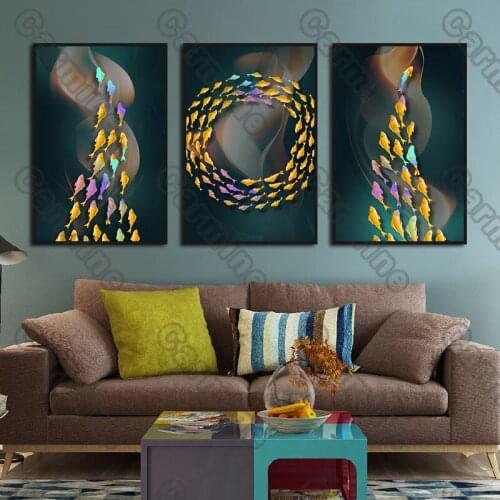 Poster Colorful Fishes Circling Landscape Canvas Painting and Prints Wall Art Pictures Decoration for Living Room 3Pcs Frameless