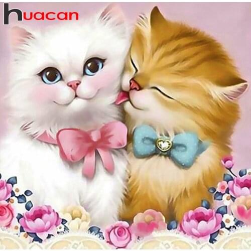 Huacan DIY 5D Diamond Painting Full Drill Square/Round Cat Lover Diamond Embroidery Kit Mosaic Cartoon Animal Couple Needlework