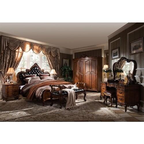 American high end solid wood bedroom furniture set leather bed Деревянная мебель для спальни, кожаная кровать GH08