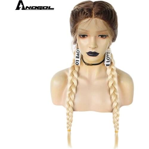 Anogol Pre Plucked Long Double Braids Black Brown Dark Roots Ombre Blonde Synthetic Braided Lace Front Wig With Baby Hair