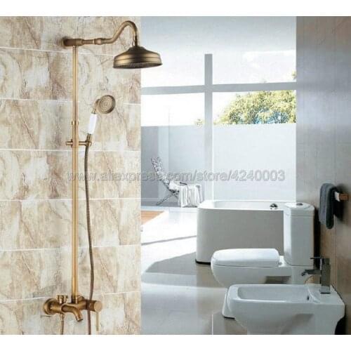 Antique Brass Bathroom Rainfall Shower Faucet Set tub Mixer Tap With Hand Sprayer Wall Mounted Krs224