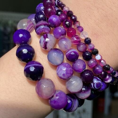 Faceted Purple Striped Agates Natural Stone Beads 4 6 8 10 12mm Round Beads For Jewelry Making Diy Bracelet Necklace Accessories