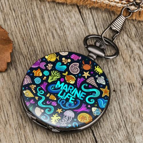 Fashion Creative Marine Life Case Design Quartz Pocket Watch Dial Chain Necklace Pendant Fob Watch Gifts