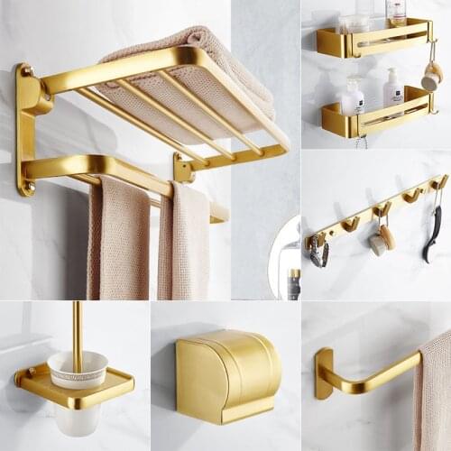 Brushed Gold Aluminum Bathroom Accessories Set Bath towel rack Towel Rack Toilet Brush Holder Paper Holder Bathroom Accessories