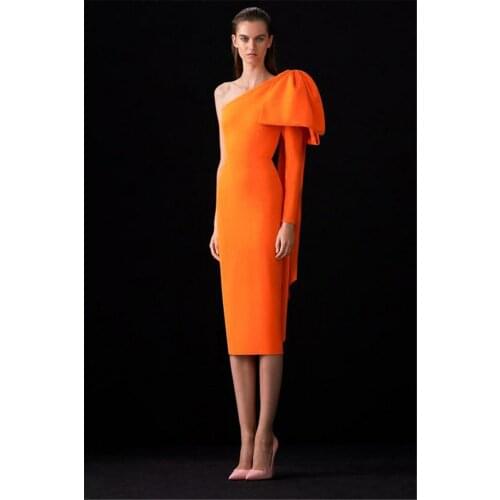 Wholesale 2021 new arrivals orange women elegant bow shoulder bodycon midi evening bandage dress formal dresses women